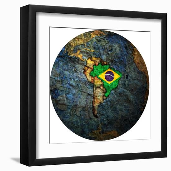 Brazil Flag On Globe Map-michal812-Framed Art Print