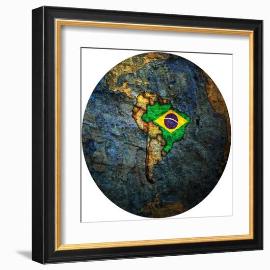 Brazil Flag On Globe Map-michal812-Framed Art Print