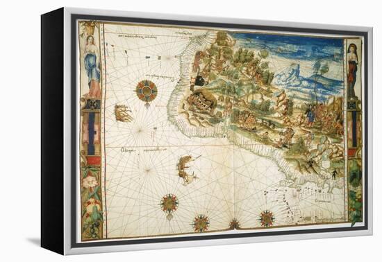 Brazil: Map And Native Indians-null-Framed Premier Image Canvas