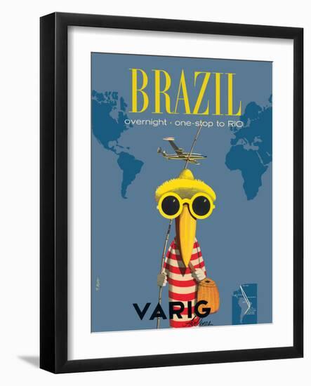 Brazil - Overnight One Stop to Rio de Janeiro - Varig Airlines, Vintage Travel Poster, 1950s-Francesco Petit-Framed Art Print