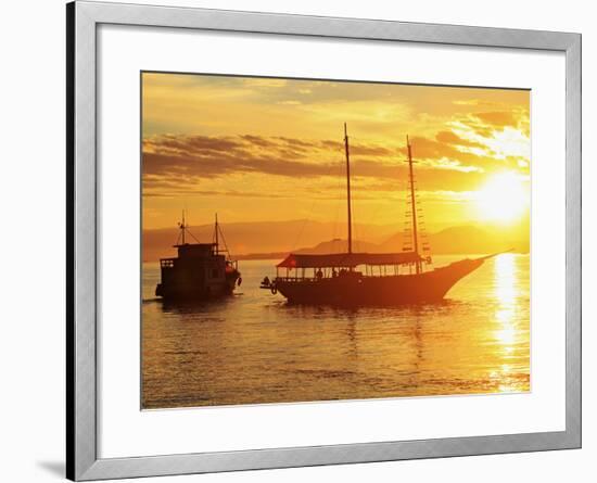 Brazil, Rio De Janeiro State, Angra Dos Reis, Ilha Grande, Fishing Boat and Schooner Silhouetted-Alex Robinson-Framed Photographic Print