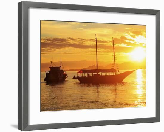 Brazil, Rio De Janeiro State, Angra Dos Reis, Ilha Grande, Fishing Boat and Schooner Silhouetted-Alex Robinson-Framed Photographic Print