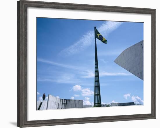 Brazilian Flag Fluttering, National Congress Building, Brasilia, Brazil-null-Framed Photographic Print