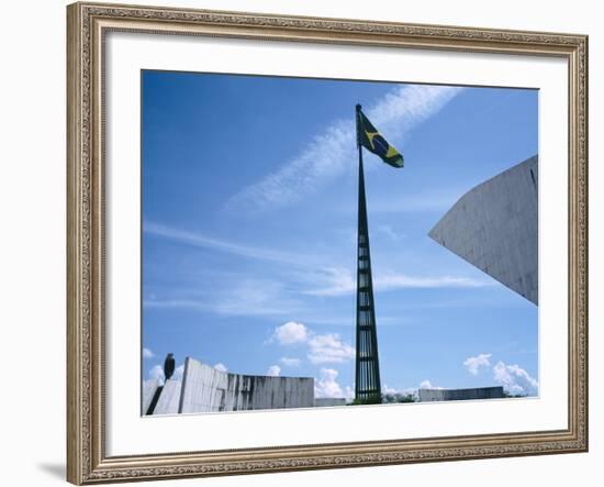 Brazilian Flag Fluttering, National Congress Building, Brasilia, Brazil-null-Framed Photographic Print