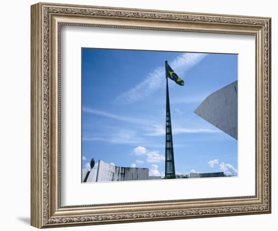 Brazilian Flag Fluttering, National Congress Building, Brasilia, Brazil-null-Framed Photographic Print