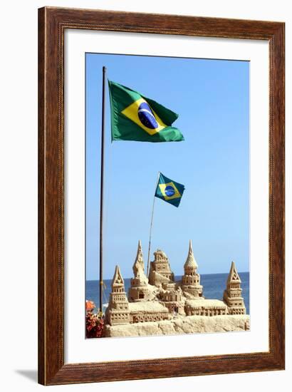 Brazilian Flag On Copacabana Beach In Rio De Janeiro-egd1-Framed Photographic Print