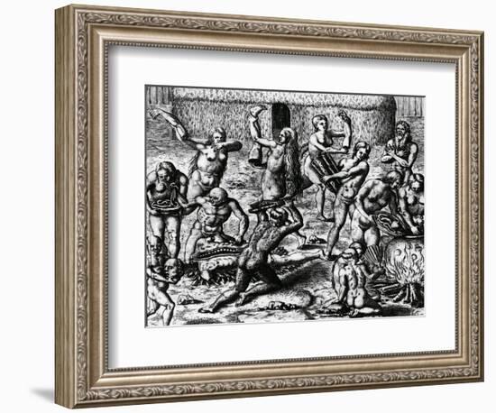 Brazilian Natives Cook and Eat Bodies of Slain Enemies, Engraving from Peregrinationes-Theodor de Bry-Framed Giclee Print