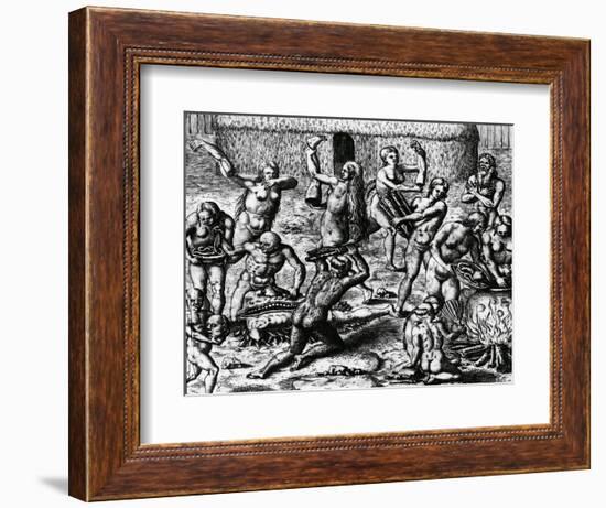 Brazilian Natives Cook and Eat Bodies of Slain Enemies, Engraving from Peregrinationes-Theodor de Bry-Framed Giclee Print