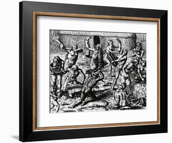 Brazilian Natives Cook and Eat Bodies of Slain Enemies, Engraving from Peregrinationes-Theodor de Bry-Framed Giclee Print