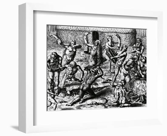 Brazilian Natives Cook and Eat Bodies of Slain Enemies, Engraving from Peregrinationes-Theodor de Bry-Framed Giclee Print