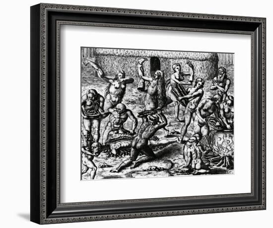 Brazilian Natives Cook and Eat Bodies of Slain Enemies, Engraving from Peregrinationes-Theodor de Bry-Framed Giclee Print