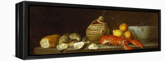 Bread, Oysters, a Chianti Flask, a Lobster, Lemons, Oranges and Glasses in a Porcelain Bowl on a…-Jacob Bogdany-Framed Premier Image Canvas