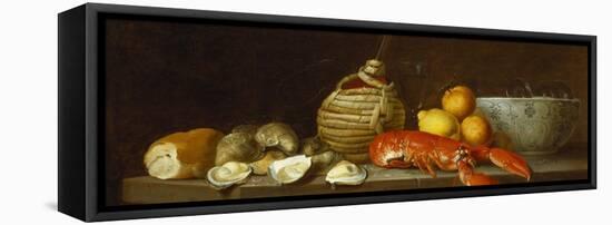 Bread, Oysters, a Chianti Flask, a Lobster, Lemons, Oranges and Glasses in a Porcelain Bowl on a…-Jacob Bogdany-Framed Premier Image Canvas