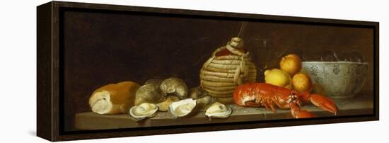 Bread, Oysters, a Chianti Flask, a Lobster, Lemons, Oranges and Glasses in a Porcelain Bowl on a…-Jacob Bogdany-Framed Premier Image Canvas