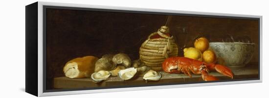 Bread, Oysters, a Chianti Flask, a Lobster, Lemons, Oranges and Glasses in a Porcelain Bowl on a…-Jacob Bogdany-Framed Premier Image Canvas