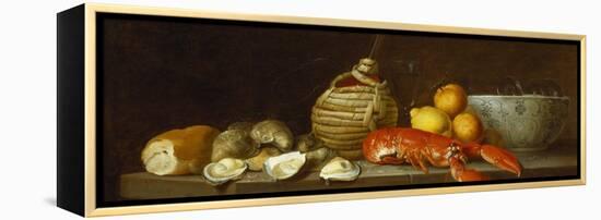 Bread, Oysters, a Chianti Flask, a Lobster, Lemons, Oranges and Glasses in a Porcelain Bowl on a…-Jacob Bogdany-Framed Premier Image Canvas