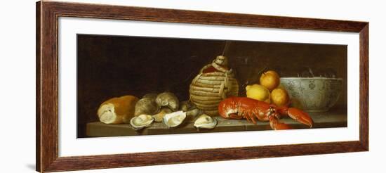 Bread, Oysters, a Chianti Flask, a Lobster, Lemons, Oranges and Glasses in a Porcelain Bowl on a…-Jacob Bogdany-Framed Giclee Print