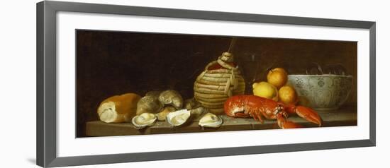 Bread, Oysters, a Chianti Flask, a Lobster, Lemons, Oranges and Glasses in a Porcelain Bowl on a…-Jacob Bogdany-Framed Giclee Print