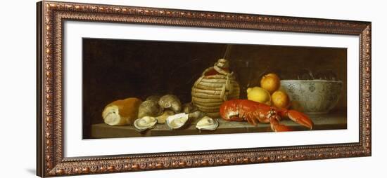 Bread, Oysters, a Chianti Flask, a Lobster, Lemons, Oranges and Glasses in a Porcelain Bowl on a…-Jacob Bogdany-Framed Giclee Print