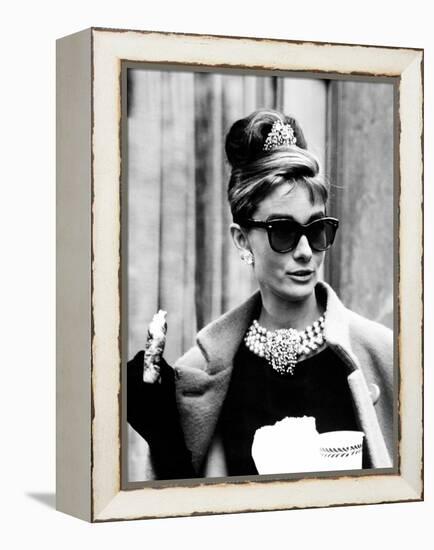 Breakfast at Tiffany's, Audrey Hepburn Eating Between Scenes on Set, 1961-null-Framed Stretched Canvas