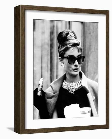 Breakfast at Tiffany's, Audrey Hepburn Eating Between Scenes on Set, 1961-null-Framed Photo