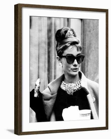 Breakfast at Tiffany's, Audrey Hepburn Eating Between Scenes on Set, 1961-null-Framed Photo