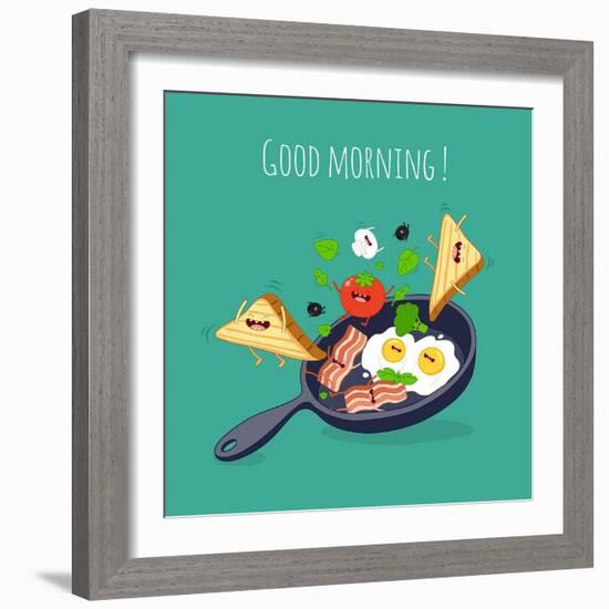 Breakfast Poster. Fried Eggs with Bacon on a Blue Pan. Vector Illustration-Serbinka-Framed Art Print