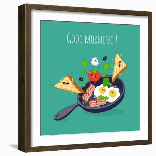 Breakfast Poster. Fried Eggs with Bacon on a Blue Pan. Vector Illustration-Serbinka-Framed Art Print