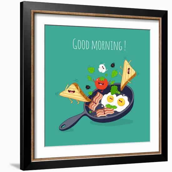 Breakfast Poster. Fried Eggs with Bacon on a Blue Pan. Vector Illustration-Serbinka-Framed Art Print