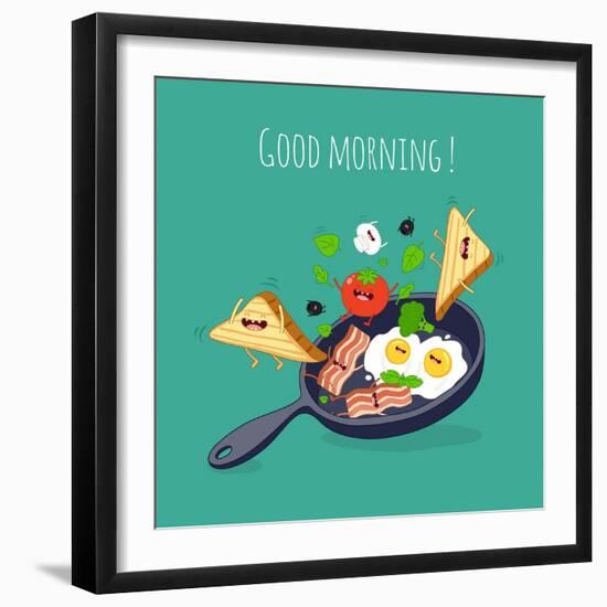 Breakfast Poster. Fried Eggs with Bacon on a Blue Pan. Vector Illustration-Serbinka-Framed Art Print