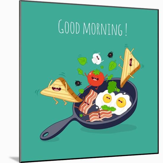 Breakfast Poster. Fried Eggs with Bacon on a Blue Pan. Vector Illustration-Serbinka-Mounted Art Print