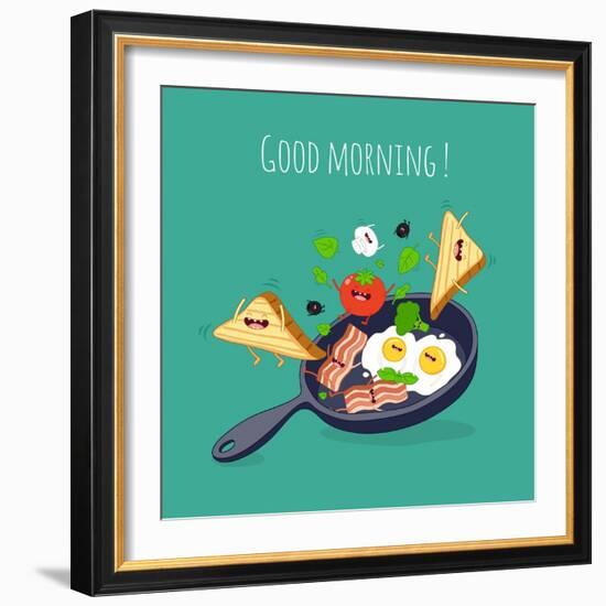 Breakfast Poster. Fried Eggs with Bacon on a Blue Pan. Vector Illustration-Serbinka-Framed Art Print