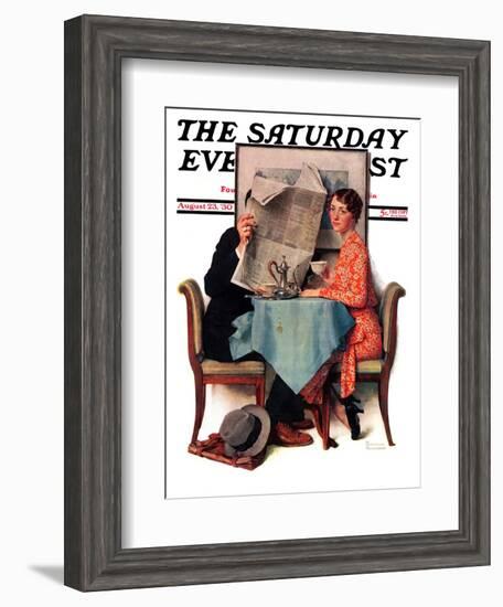 "Breakfast Table" or "Behind the Newspaper" Saturday Evening Post Cover, August 23,1930-Norman Rockwell-Framed Giclee Print