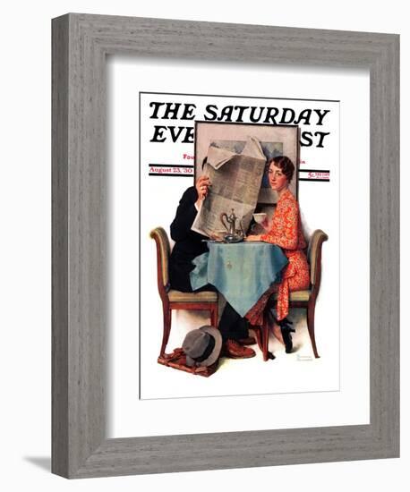 "Breakfast Table" or "Behind the Newspaper" Saturday Evening Post Cover, August 23,1930-Norman Rockwell-Framed Giclee Print