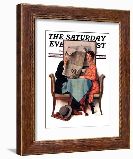 "Breakfast Table" or "Behind the Newspaper" Saturday Evening Post Cover, August 23,1930-Norman Rockwell-Framed Giclee Print