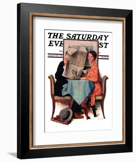 "Breakfast Table" or "Behind the Newspaper" Saturday Evening Post Cover, August 23,1930-Norman Rockwell-Framed Giclee Print