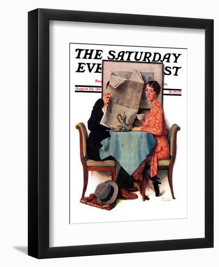 "Breakfast Table" or "Behind the Newspaper" Saturday Evening Post Cover, August 23,1930-Norman Rockwell-Framed Giclee Print