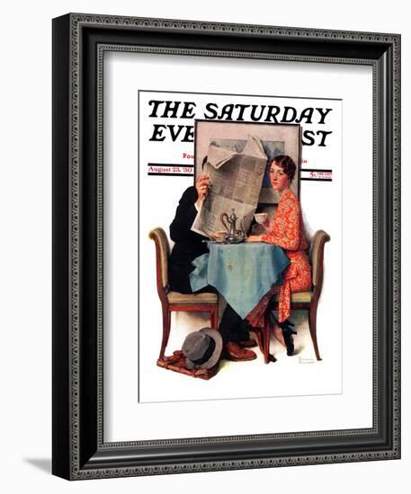 "Breakfast Table" or "Behind the Newspaper" Saturday Evening Post Cover, August 23,1930-Norman Rockwell-Framed Giclee Print