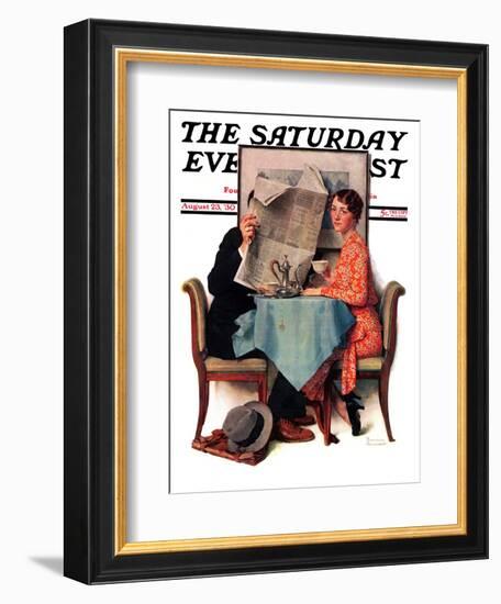 "Breakfast Table" or "Behind the Newspaper" Saturday Evening Post Cover, August 23,1930-Norman Rockwell-Framed Giclee Print