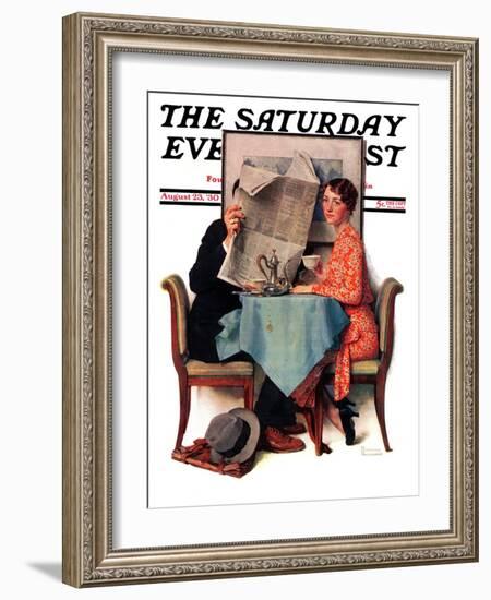 "Breakfast Table" or "Behind the Newspaper" Saturday Evening Post Cover, August 23,1930-Norman Rockwell-Framed Giclee Print