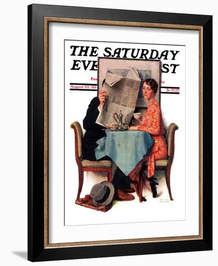 "Breakfast Table" or "Behind the Newspaper" Saturday Evening Post Cover, August 23,1930-Norman Rockwell-Framed Giclee Print