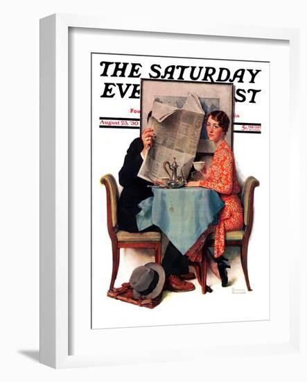 "Breakfast Table" or "Behind the Newspaper" Saturday Evening Post Cover, August 23,1930-Norman Rockwell-Framed Giclee Print