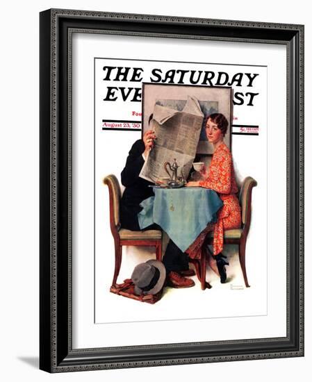 "Breakfast Table" or "Behind the Newspaper" Saturday Evening Post Cover, August 23,1930-Norman Rockwell-Framed Giclee Print