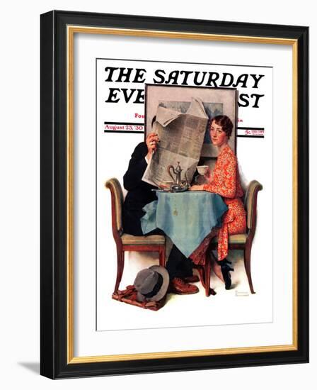 "Breakfast Table" or "Behind the Newspaper" Saturday Evening Post Cover, August 23,1930-Norman Rockwell-Framed Giclee Print