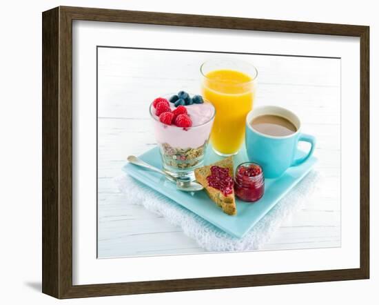 Breakfast With Yoghurt, Berries, Juice, Toast And Coffee-Anna-Mari West-Framed Art Print