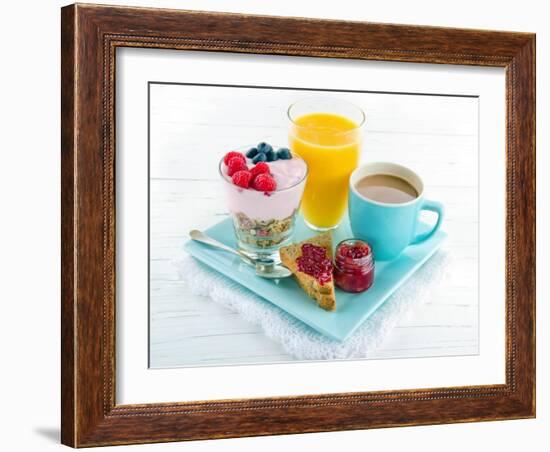 Breakfast With Yoghurt, Berries, Juice, Toast And Coffee-Anna-Mari West-Framed Art Print