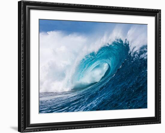 Breaking tubing wave at Teahupoo surf break, Tahiti, French Polynesia-Mark A Johnson-Framed Photographic Print