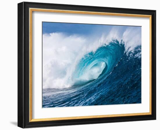 Breaking tubing wave at Teahupoo surf break, Tahiti, French Polynesia-Mark A Johnson-Framed Photographic Print