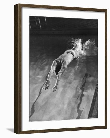 Breast Stroke Champion Joe Verdeur Diving Into Pool-Gjon Mili-Framed Photographic Print