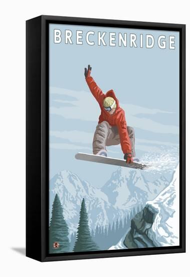 Breckenridge, Colorado, Jumping Snowboarder-Lantern Press-Framed Stretched Canvas